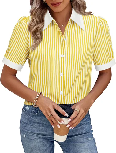 Vista 23 de Gleeivy Camisas de botones para mujer de manga corta abombada, camisas de vestir abotonadas con cuello ajustado, blusa superior de trabajo