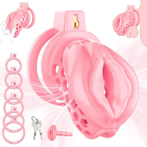 Vista 10 de Jaula de castidad masculina – Jaula de pene suave y ligera con vagina y clítoris realistas y anillos de 6 tamaños, cómodo dispositivo de castidad