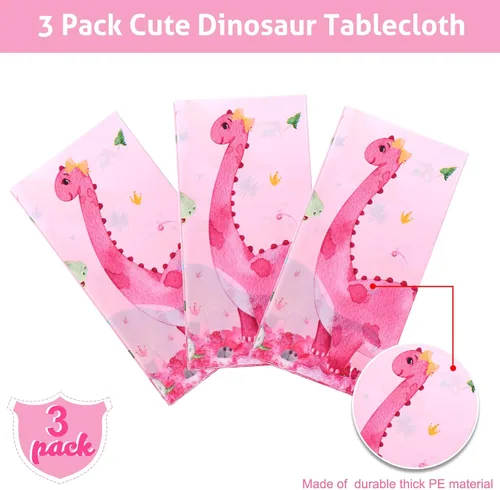 Vista 4 de Irenare 3 manteles de dinosaurio rosa para niñas, fundas de mesa rectangulares desechables de plástico con estampado de dinosaurios para niñas