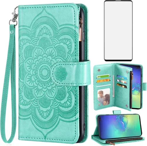 Vista 10 de Asuwish Funda tipo cartera compatible con Samsung Galaxy S10 Plus y protector de pantalla de vidrio templado, funda para teléfono celular con tapa