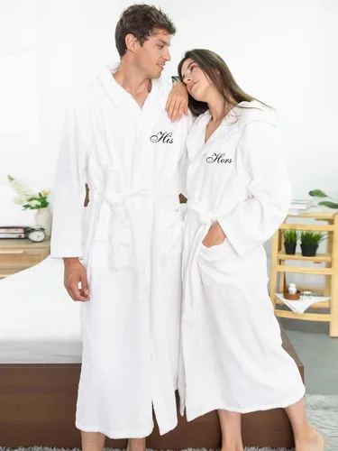 Vista 2 de AW BRIDAL 2Pcs Couple Terry Cloth Robes 100% Cotton Hooded Spa Robe for Women Men Wedding Anniversary Engagement Gifts