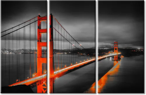Vista 92 de TUMOVO 3 paneles de paisaje urbano en blanco y negro de Estados Unidos, arte de pared, famoso puente Golden Gate, San Francisco por la noche