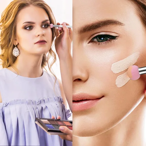 Vista 4 de Sibba Juego de 4 brochas de base de maquillaje con mango rosa y blanco para polvo, rubor, contorno y corrector, incluye esponja, pinceles de mezcla