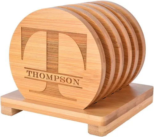 Vista 8 de Posavasos personalizados, posavasos grabados personalizados, posavasos de bambú para bebidas, posavasos de monograma con soporte, grandes regalos