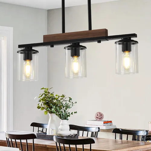 Vista 9 de Lámpara de isla de cocina de 23.6 pulgadas, lámpara de 3 luces para comedor sobre mesa, lámpara colgante de techo de madera rústica moderna negra