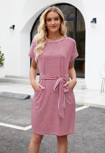 Vista 3 de MEROKEETY - Vestido de verano con manga corta, a rayas, casual, estilo camiseta, con lazo en la cintura y bolsillos, para mujer