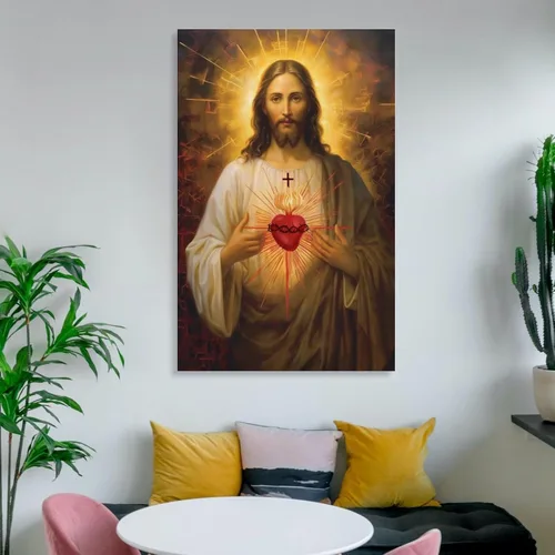 Vista 7 de Reccmeny Lienzo religioso del Sagrado Corazón de Jesús, cuadro de Cristo, arte de pared, pintura de Dios cristiano, foto para decoración de la sala