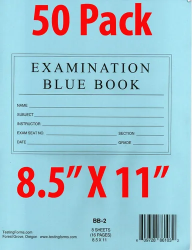 Vista 3 de TestingForms. com 8.5" x 11" libro azul examen 8 hojas 16 páginas 10 folletos