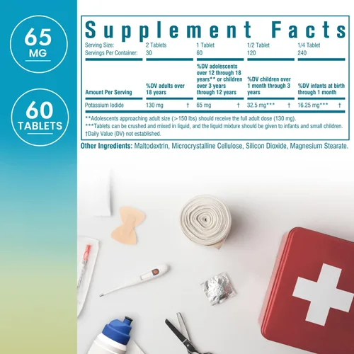 Vista 2 de Tabletas de yoduro de potasio de 65 mg, kit de emergencia, pastillas de yoduro, kit de supervivencia, tabletas de yoduro de potasio (KI), soporte