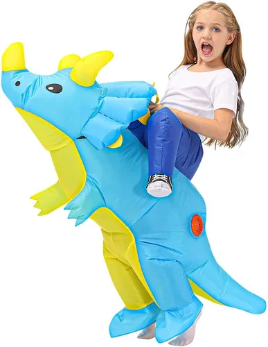 Vista 4 de Disfraz inflable azul Triceratops Ride Dinosaur Air Blow-up Deluxe Halloween Suit para adultos, niños y niños pequeños