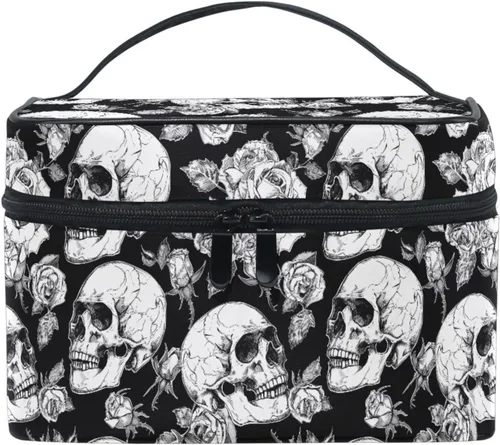 Vista 32 de Bolsa de Maquillaje, Estuche de Maquillaje Organizador de Viaje con Diseño de Calavera y Flores, Estuche de Cosméticos, Bolsas de Aseo para Niñas