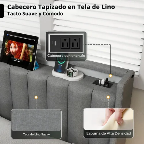 Vista 8 de UINTAI Marco de cama tamaño completo con cabecero y 4 cajones de almacenamiento, cama de plataforma metálica tapizada con respaldo abatido y luces
