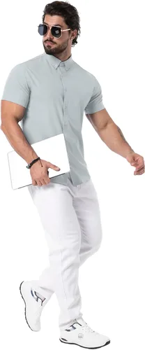 Vista 4 de Askdeer Camisas de ajuste muscular para hombre, sin arrugas, manga corta, casual, elástica, ajustada, con botones
