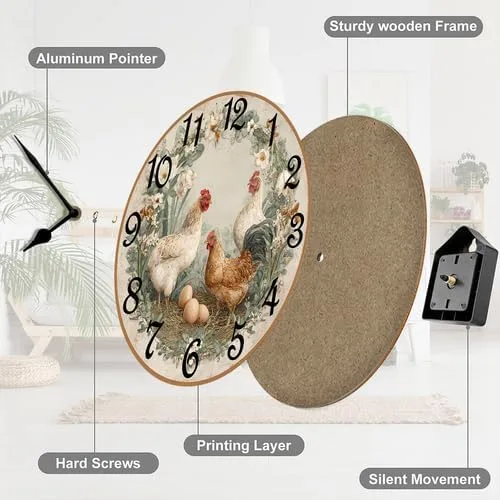 Vista 7 de Reloj de madera retro con corona de pollo, 10 pulgadas, funciona con pilas, reloj de pared sin tictac, relojes de decoración de gallinero de madera