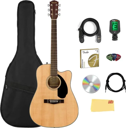 Vista 10 de Fender CD-60SCE - Guitarra electroacústica Dreadnought de tapa sólida - Paquete negro con funda, cable, afinador, correa, cuerdas, púas, DVD