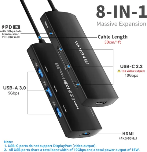 Vista 2 de VANGREE Hub USB C 8 en 1, 3 USB-C+3 USB-A 3.2 10Gbps, 4K60Hz HDMI, 100W PD Negro