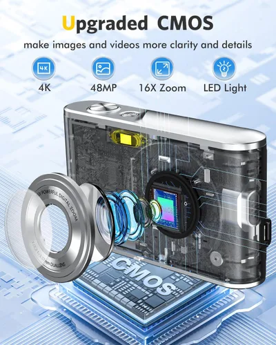Vista 3 de Cámara digital FHD 4K para vlogging con enfoque automático, lente dual de 48MP, zoom digital 16X, pantalla IPS de 2.8" compacta, cámara de video