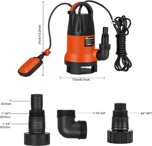 Vista 7 de Bomba de sumidero, Prostormer 1HP 3700GPH Bomba sumergible para agua limpia/sucia con interruptor automático de flotación para alberca, estanque