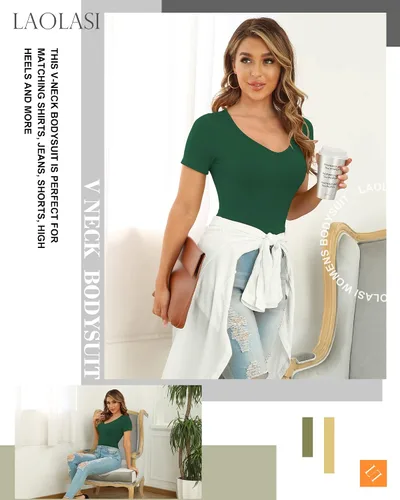 Vista 3 de LAOLASI Body para mujer con cuello en V 2022, ajustado, casual, extensor