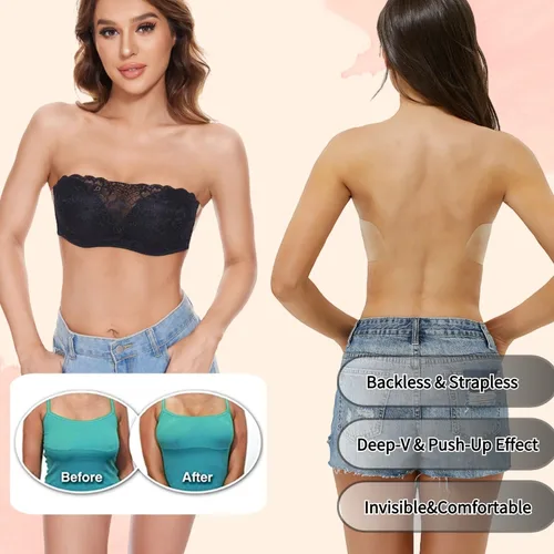 Vista 3 de JUST BEHAVIOR Brasier con realce de espalda descubierta, sin tirantes, reutilizable, adhesivo de elevación para uso diario, para mujer con encaje
