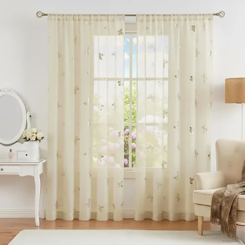Vista 8 de Jubilantex Paneles de cortinas transparentes de mariposas negras y doradas de 52 pulgadas de ancho para dormitorio de niñas, elegantes cortinas