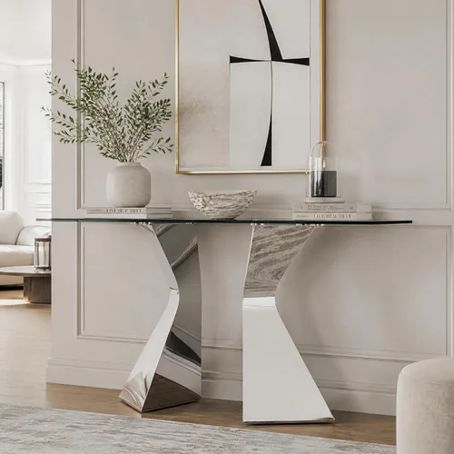 Vista 2 de Mesa consola plateada, mesa consola de cristal de 51 pulgadas, mesa de entrada moderna con patas de acero inoxidable espejadas, mesa de sofá