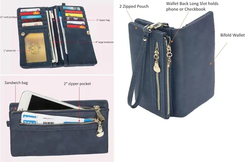 Vista 4 de Aslana Cartera larga de cuero suave con correa de mano bolso de embrague para las mujeres multi función tarjetero teléfono bolsa, #04 Rojo