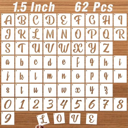 Vista 11 de Plantillas de letras de 1 pulgada para pintar sobre madera, 62 plantillas de caligrafía del alfabeto y números, plantillas de letras cursivas