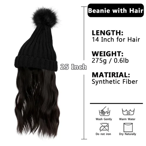 Vista 2 de Gorro para mujer con pelo adjunto, gorro de punto cálido con pompón unido de 14 pulgadas de largo, ondulado, extensiones de cabello rizado, postizo