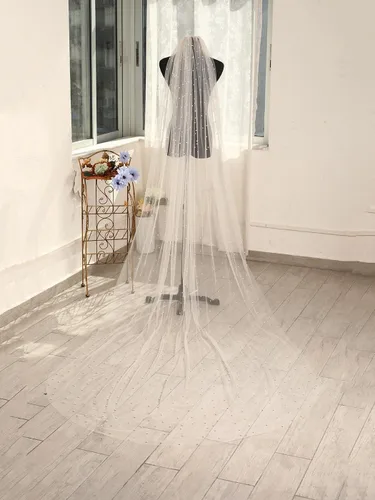 Vista 2 de Velos de novia con perlas y flores, catedral, velo de novia, 118 pulgadas, velos para novias, 1 nivel, longitud de los dedos, peine para el cabello