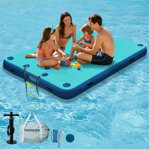 Vista 19 de AWEMUFA Muelle flotante inflable con rampa de 5 pies/6 pies/8 pies/10 pies, plataforma flotante flotante, tapete flotante de isla flotante, flotador