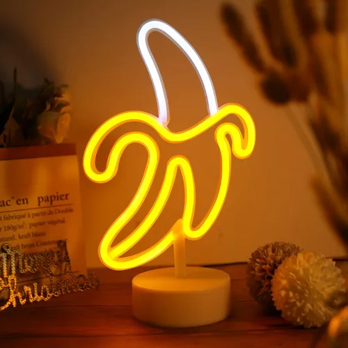 Vista 9 de Letrero de neón de plátano, luz LED WIOSOUL Banana con base para decoración de mesa, lámpara LED USB / batería alimentada por batería para hombre