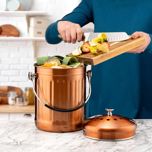 Vista 2 de RED FACTOR Contenedor de Compost Premium para Encimera de Cocina - Cubo de Residuos de Alimentos de Acero Inoxidable con Tecnología Innovadora