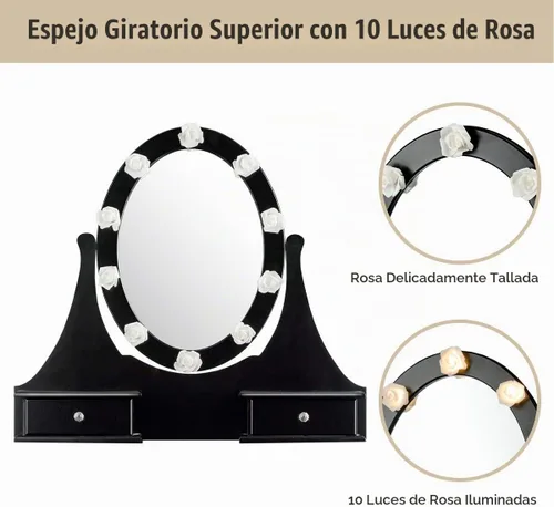 Vista 8 de Giantex Juego de tocador con espejo iluminado, mesa de maquillaje con 10 luces rosadas, escritorio de tocador moderno con taburete acolchado, 3 Negro