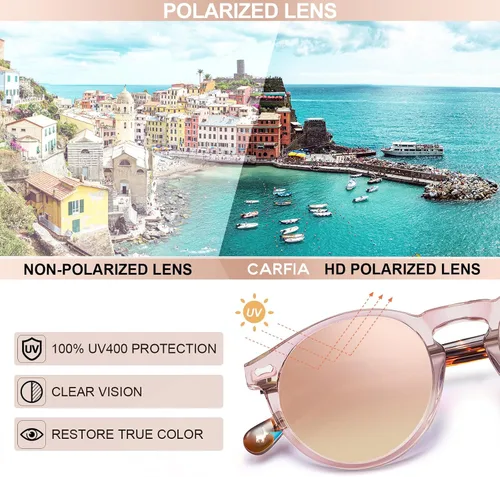 Vista 53 de CARFIA Gafas de sol polarizadas de acetato redondo para mujer, protección UV de cara pequeña con funda de cuero CA5288