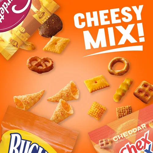 Vista 4 de Cheesy Mix Paquete variado de aperitivos, Chex Mix Cheddar, Bugles Nacho Cheese, Gardetto's Aged Cheddar, 20 unidades, 28.875 oz