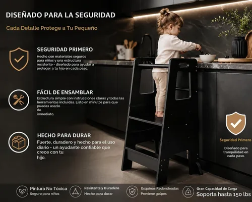 Vista 5 de Taburete de cocina para niños pequeños, ayudante de pie de madera ajustable de 3 niveles con barandilla, taburete de cocina para niños para cocinar