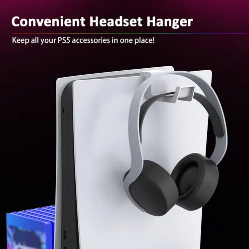 Vista 6 de NexiGo Soporte para PS5 con luz LED RGB ranura para disco duro auriculares y soportes remotos estación de carga de doble controlador para consola