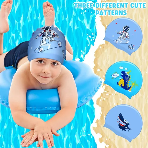 Vista 6 de Sintuff 3 Pcs Kids Swim Caps Toddlers Swimming Caps Silicone Swim Cap for Boys Girls (Age 4-12) Baby Waterproof Cartoon Bathing Hats for Long and