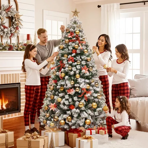 Vista 6 de Yaheetech - Árbol artificial de Navidad de 6 pies con flecos nevados preiluminado con 250 luces blancas cálidas, 820 puntas de ramas exuberantes
