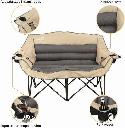 Vista 7 de Silla de campamento plegable doble totalmente acolchada, sofá de campamento de gran tamaño para 2 personas, sofá con soporte para tazas, soporte