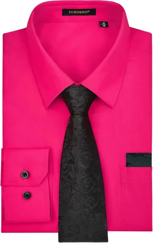 Vista 25 de HISDERN Mens Dress Shirt with Tie Pocket Square Set Classic Button Down Shirt Matching Tie Long Sleeve Shirts 08-verde