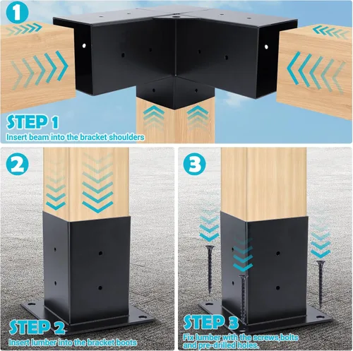 Vista 3 de Kit de soportes para pérgola 4 x 4 – Soporte de esquina de ángulo recto de 3 vías, kit de base de soportes de madera para pérgola de bricolaje, kits