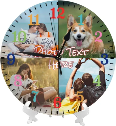 Vista 4 de Reloj personalizado personalizado relojes de pared personalizados tus 4 fotos nombre de texto silencioso 10 pulgadas, PVC, placa de marcación