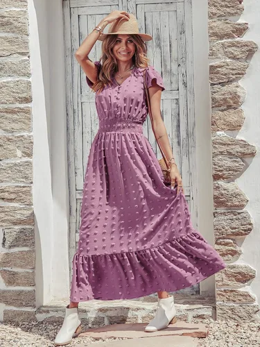 Vista 2 de PRETTYGARDEN - Vestido bohemio de manga corta con cuello en V y plumetí con volantes, vestido maxi fruncido de cóctel