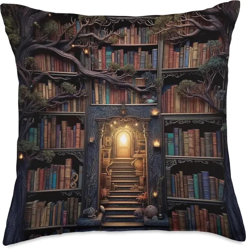 Vista 5 de Books Library Reading Book Shelves Bookworm Forest Library - Almohada vintage para libros de lectura, diseño de bosque de biblioteca, 16 x 16