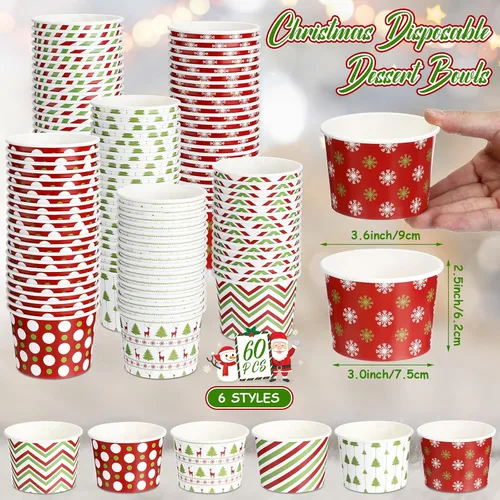 Vista 3 de Sliner 60 piezas de cuencos desechables de postre de Navidad de 9 onzas, tazas de golosinas y aperitivos de Navidad de copos de nieve navideños