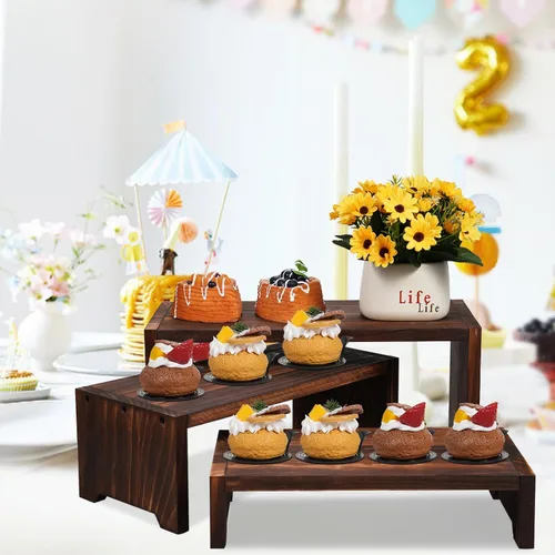 Vista 7 de Soporte de madera para cupcakes de 3 niveles y elevadores de exhibición, para postres de comida y más, resistente y reutilizable Marrón