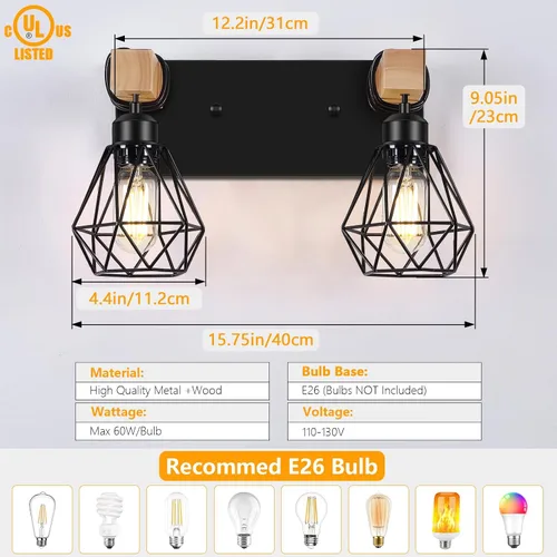 Vista 2 de FadimiKoo Aplique de pared de baño de madera de estilo rústico de 2 luces, accesorio de iluminación de tocador de granja para baño, lámpara de pared