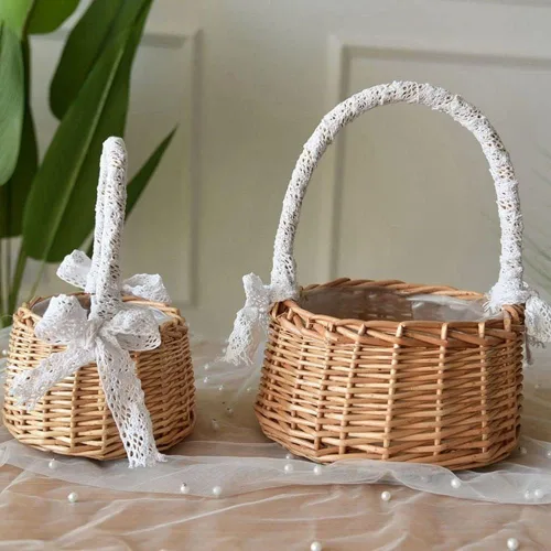 Vista 4 de Cesta de flores de mimbre de ratán, cesta tejida a mano de sauce con asa e inserto de plástico, cesta de dulces de huevos para boda, para decoración
